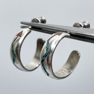 Vintage Southwestern Sterling Silver Turquoise Coral Inlay Huggie Hoop Earrings